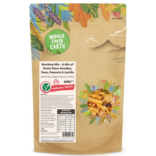 Whole Food Earth® - Bombay Mix - A Mix of Gram Flour Noodles, Peas, Peanuts and Lentils 500 g | GMO Free | Source of Fibre