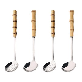 Uniturcky Soup Ladle and Slotted Spoon Set, 304 Stainless Steel Serving Utensils with Natural Bamboo Handle, Soup Spoons For Serving Gravy Hot Pot Or Restaurant, 10.2 Inch, 4 PCS / 2 of Each