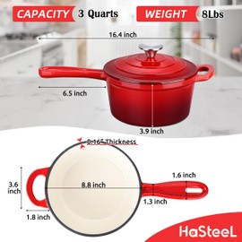 HaSteeL 3 QT Cast Iron Saucepan, Enamel dutch oven with lid, Small Non Stick Pan for Milk, Pasta Tomato Sauce, Butter, Breakfast, Soup, Suitable for Boiling Stewing Frying, Easy to Clean, Red