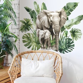RAINBOW WSK Lifelike Elephant Wall Decals for Kids Room Large Jungle Animal Elephant Wall Stickers with Tropical Palm Leaves Wall Art Baby Nursery Playroom Bedroom Wall Decor fun-c72