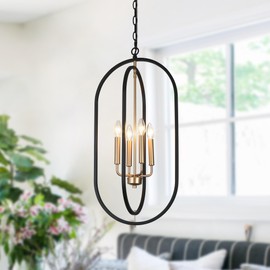 KSANA Black Gold Chandelier, Mid-Century Modern 4-Light Oval Pendant Light Fixture for Foyer, Dining Room and Kitchen