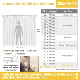 ZEMAHOME Extra Large Size PEVA Plastic Shower Curtain Liner Premium Light Weight 108" x 72" Clear Bathroom Shower Showroom Curtain Liner with Rustproof Metal Gromments and Weighted Magnet