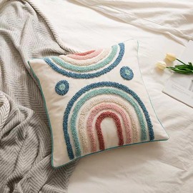 Mingtex Boho Pillow Covers (2-Pack) - 18x18 Inch Rainbow Throw Pillow with 3D Embroidery, Soft Linen Cotton Blend - Boho Decorative Pillow for Sofa, Bed, Nursery in Dusty Pink & Blue