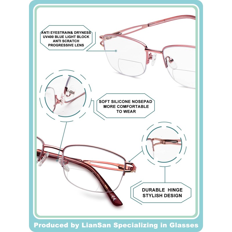LianSan Metal Bifocal Reading Glasses for Women,Stylish Half Rim Zero