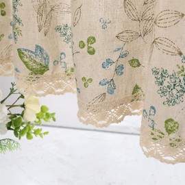 Moslovstar - Cortina de lino de algodón de lino semitransparente para ventana de tratamiento de ventana con dobladillo de encaje, 1 pieza, 1 pieza de hojas y flores