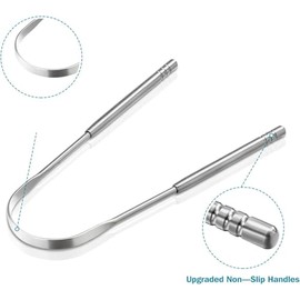 Limpiador de lengua para adultos con estuche de viaje de cuero, 100% acero inoxidable, reduce el mal aliento, cepillo para la lengua, fácil de usar, l