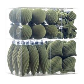 48Pcs Green Velvet Christmas Ornaments Set, Assorted Flocked Christmas Baubles Decorations, Shatterproof Christmas Balls Hanging Decor for Xmas Tree/Home/Party/Holiday (Green)