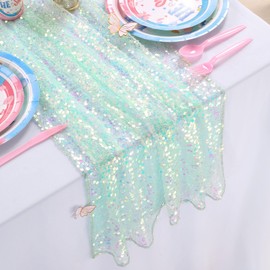 Green Sequin Table Runner: 25x120 Inches Long 10FT - Iridescent Glitter Fabric for Girls Summer Wedding Mermaid Party Birthday Decorations