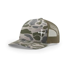 Men's Christian Faith Cross Nails Embroidered Mesh Back Trucker Hat, Marsh Camo/Loden