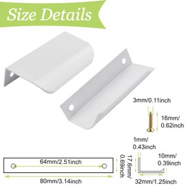 UFURMATE Back Mount Finger Edge Pull, 8Pcs White Aluminum Alloy Hidden Handles Curved Edges Concealed Finger Pull Handles Invisible Tab Pulls with Screws for Drawer, Cabinet (80mm/3.14in)