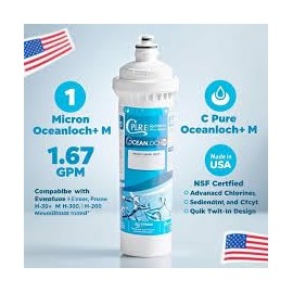 CPure Oceanloch M+ Water Filter, NSF Certified, 1 Micron, 1.67 GPM Flow Rate, Quick Twist Installation, Compatible with Standard Home Systems