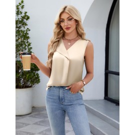 Blooming Jelly Women Silk Dressy Casual Blouse Tank Top V Neck Shirts Sleeveless Top Business Casual Outfits 2025 (M,Apricot)