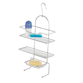 axentia Hängeregal Escala in Silber verchromt, Duschregal inkl. Befestigungsmaterial, Badregal mit zwei Böden, Seifenschale und zwei Haken, Maße: ca. 25 x 10,5 x 49 cm