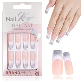 EternalClassic White French Tip Press on Nails Long Square Glitter Fake Nails Square, Glossy Acrylic Nails Press on 24pcs False Nail Tips Stick on Nails for Women