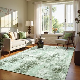Flagover 5x7 Green Washable Area Rug for Living Room Bedroom, Modern Abstract Non-Slip Rugs, Low Pile Soft Stain Resistant Carpet for Dining Room, Office, Dorm Decor