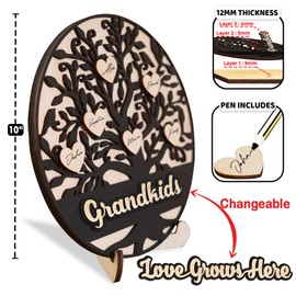 10" Mothers Day Gift for Mom Grandma, Love Grows Here Family Tree Wall Decor Wooden DIY Names with 20 Heart Tags, Mom Gift from Daughter Son Grandkids, Frame Family Sign Pet Dog Cat HF-133-B