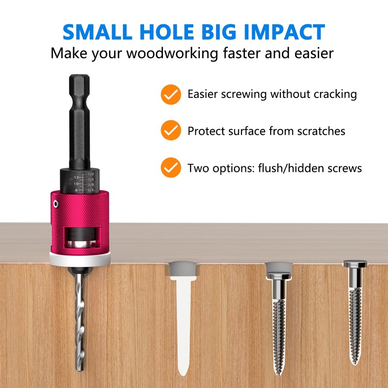 BURMONG 5-Piece Countersink Drill Bit Set with Adjustable Depth Stop,