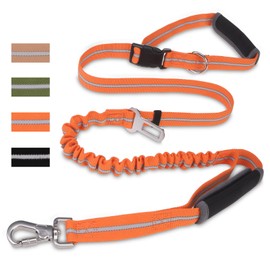 PUPTECK Heavy Duty Bungee Dog Leash for Medium Large Dogs, No Pull Tactical Dog Leashes with Double Handles for Training, Reflective Dog Leash with Car Seatbelt and Quick Release Buckle, Orange