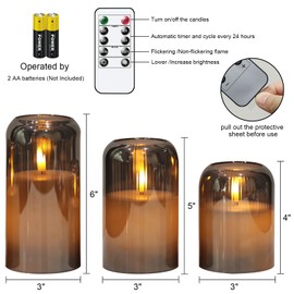 Lasumora Black Glass Flameless Candles with Remote, Battery Operated Ribbed LED Pillar Candles Flickering Real Wax Candle, 3D Wick with Pumpkin Shape Set of 3 (Φ 3" H 4" 5" 6")
