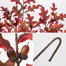 3 Pcs Fall Leaves Stems 30 inch Long Artificial Oak Faux Fall Leaves with 21 Acorns Fall Stems for Table Centerpiece Porch Vase Basket Bouquet Party Home Autumn Festival Thanksgiving Decor(Red)