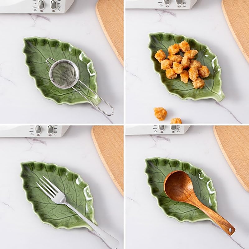 YumiPLUS Ceramic Leaf Spoon rest for Cooking, Cute Green Spoon