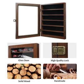 Knife Display Case, Lockable Pocket Knives Display Box Cabinet with HD Tempered Glass, 6 Rows Military Folding Knife Stand with Removable 2 Grooves Shelves for Wall Mounted and Desk Display, Walnut