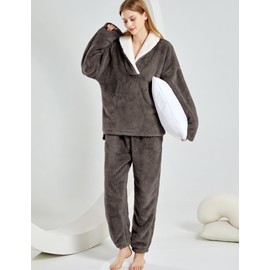 Wyeysyt Women' s Fluffy Pajamas Set Winter Warm Fleece Sleepwear Fuzzy Plush Cozy Pullover Loose Comfy Loungewear(DarkGrey-L)