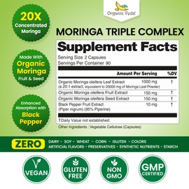 Organic Veda Moringa Capsule Triple Complex Superfood - 20 X Concentrated Organic Moringa Leaf, Fruit & Seed Extract Supplement - Omega 3 & 6, Antioxidants, Vitamins, Amino Acids -180 Vegan Capsules