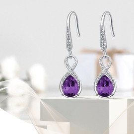 Dangle Drop Earrings 925 Sterling Silver Infinity Earrings Teardrop Crystal Leverback Earrings Birthstone Fine Jewelry Gifts for Women(February Crystal), Sterling Silver, crystal