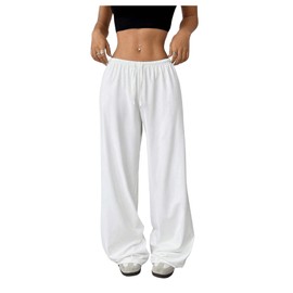 RoseSeek Women's Drawstring Waist Straight Streetwear Long Wide Leg Sweatpants Casual Loose Baggy Workout Long Summer Pants White Medium