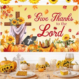 Thanksgiving Fall Jesus Backdrop Banner Give Thanks to The Lord Decorations Banner Maple Leaves Pumpkins Sunflowers Bible Cross Religious Autumn Christian Banner for Thanksgiving Harvest Party Decor