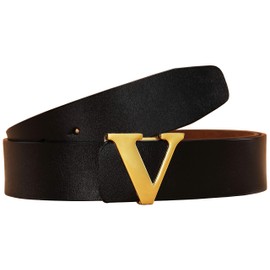 Men's Classic Gold/Silver V-Buckle Design Soft Calfskin Belt (Black Gold, 105cm/41.3inch(30-36))