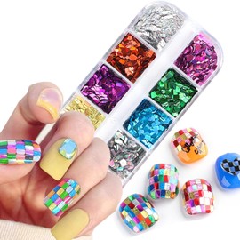 Holographic Square Nail Glitter Flakes, 12 Colors Rectangle Sparkly Nail Sequins Supplies, 3D Glitters Acrylic Nails Supplies for Women Girls Manicure Shiny Decorations, DIY Crafts Resin Nail Art Tips