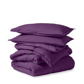 3-Piece Soft All-Season 1-Ply Goose Down Alternative Comforter Oversized Queen Size | Fluffy Double-Brushed Microfiber Box Stitched Solid Pattern Premium Bedding | Plum Color Wrinkle Stain Resistant
