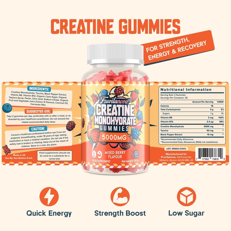 Fruvitanova Creatine Monohydrate Gummies - 5000mg per Serving, Fruit Flavor