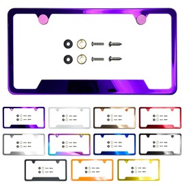 Bottom Cut OutLicense Plate Frame Purple Mirror Chrome Electroplating Universal Fit Aluminum Screw On Cap Cover, T304 Stainless Steel, Rust Proof Weather Proof Steel Screws (Qty: 1 Frame)