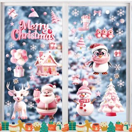 9Pcs Pink Christmas Windows Decals, Christmas Window Stickers Reusable 3D Static Cling Xmas Window Stickers Christmas Window Decorations Christmas Stickers Christmas Decorations for Windows