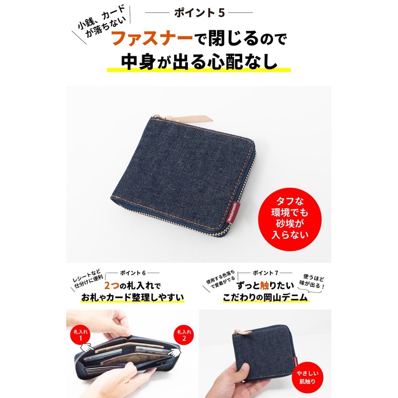 Need Network Okayama Denim, Bifold Wallet, Round Zipper, Men's, Box-Shaped