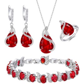 EVER FAITH Bridal Water Drop Cubic Zirconia Jewelry Sets for Bride Bridesmaid, Ruby Birthstone Pendant Necklace Earrings Tennis Bracelet Open Ring Set for Women Red Silver-Tone