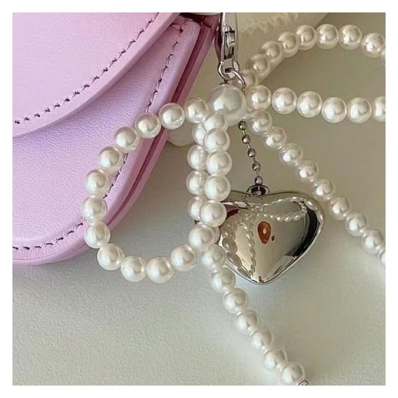 88flix Keychain, Pearl Charm, Heart Charm, Pearl Ribbon, Silver, Stylish,