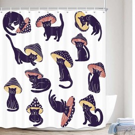 MERCHR Funny Mushroom Cat Shower Curtain for Bathroom, Unique Fun Hilarious Art Fabric Shower Curtains Set, Cute 70s 80s Aesthetic Kids White Restroom Decor Accessories with Hooks 72X72 Inch
