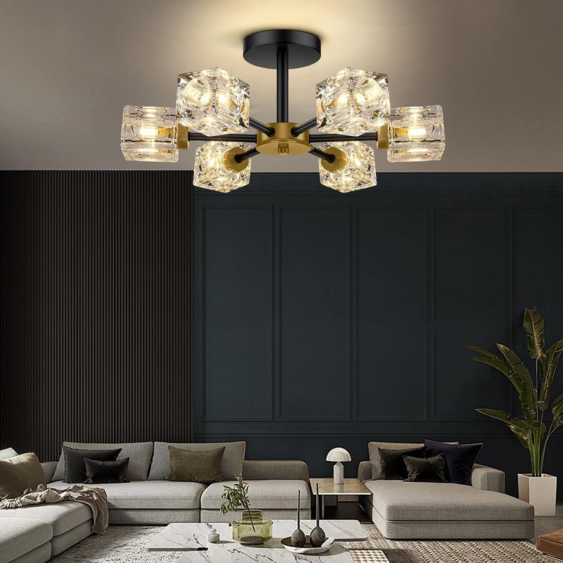 SHINELUX Modern Sputnik Chandelier, 6-Lights Crystal Semi Flush Mount Ceiling