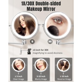 30X/1X Wall Mounted Lighted Makeup Mirror, 8'' Double Sided Rechargeable Magnifying Bathroom Mirror with Light, 3 Color Lights Touch Dimmable Extended Arm 360 Rotation Light up Mirrors