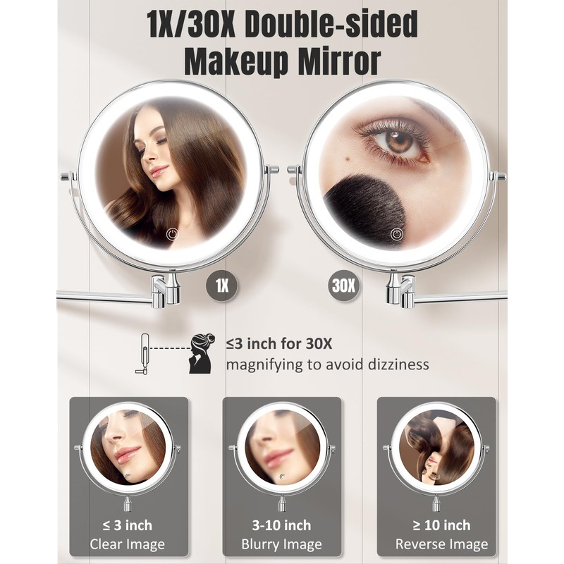 30X/1X Wall Mounted Lighted Makeup Mirror, 8'' Double Sided Rechargeable