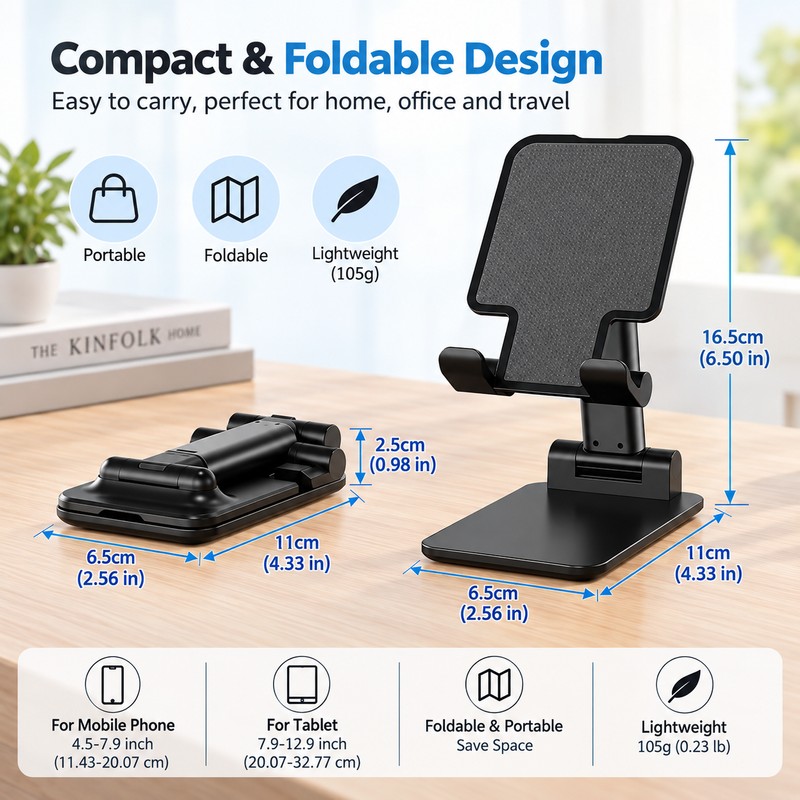 Adjustable Phone & Tablet Stand for Desktop Use – Foldable