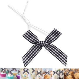 GUIFIER 50 PCS 3 Inch Twist Tie Bows, Gingham Ribbon Bows for Treat Bags, Pre Tied Bows with Wire, Checkered Ribbon Bows Ties for Gift Bags, Popcorn Cookie Bags, Party Favors (Black and White Plaid)