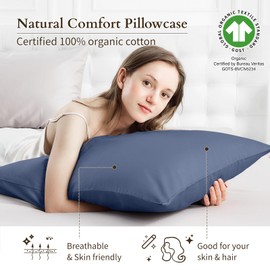 Warmstar 100% Organic Cotton Pillow Cases Set of 2, Pillow Cases Standard Size Satin Weave Soft Hypoallergenic GOTS Certified Pillowcases Breathable Envelope Pillowcass,20x26 Inches,Denim Blue