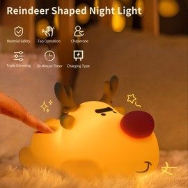 AVACOM Baby Night Light, 3-Level Dimmable Rechargeable Nursery Nightlight, Timed Reindeer Bedside Touch Light Baby Room Decor, Suitable for Infants and Children During Lactation