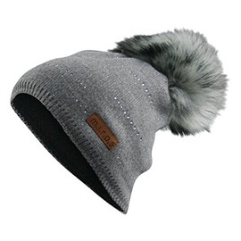 m.i.r.o.s Tiffany Women's Winter Hat Grey with Crystals Handmade Bobble Hat, darkgray