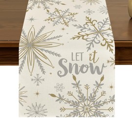 Let It Snow Winter Snowflake able Runner 13x72 Inch Seasonal Beige Christmas Kitchen Dining Table Decor for Indoor Outdoor Farmhouse Home Party Decoration ZQ70